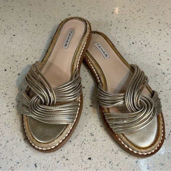 Tahari Cailyn Gold Strappy Braided Leather Slip on Sandal Slide​​​​ - Picture 1 of 7